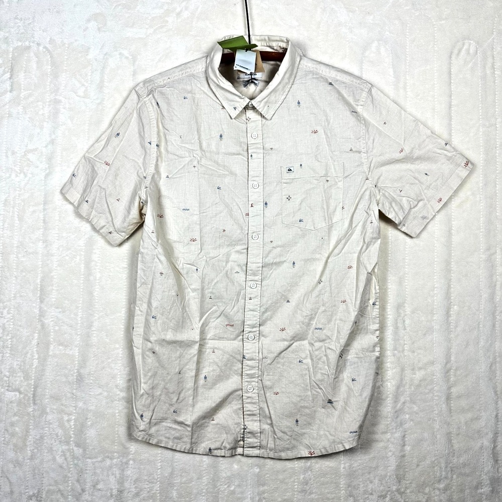 Quiksilver Spaced Out Shirt Beige Pattern Button Up Men's‎ M Short Sleeve NWT